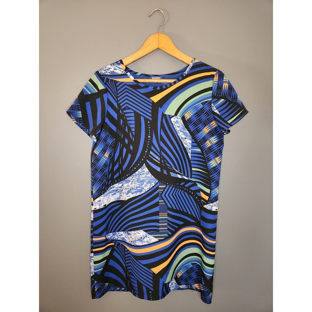 Tildon Women's Size Small‎ Short Sleeve Sheath Dress Blue Geometric Pattern